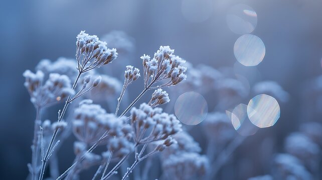 Delicate frost-covered wildflowers bathed in soft winter light creating a dreamy and ethereal landscape scene - Powered by Adobe