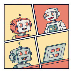 Robots on zoom online call having meeting