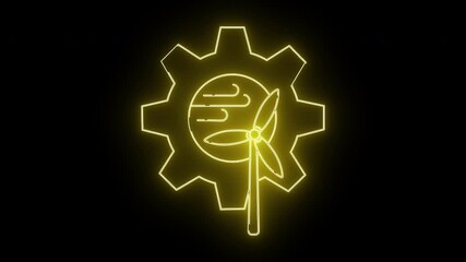 Luminous yellow outline of a cog circle with wind streaks  a turbine all on a black backdrop - Powered by Adobe