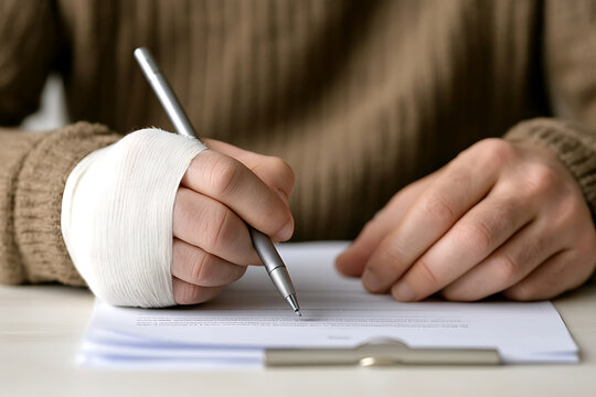 Injury claim: A hand with bandage signs documents. Workers compensation or insurance concept. Legal and health documents for personal safety and legal protection.