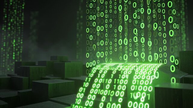 Flow of data in a digital landscape of green binary code