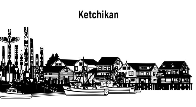 Black and White Sketch of Ketchikan Waterfront Buildings and Totem Poles.