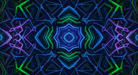 Intricate symmetrical abstract fractal pattern with vibrant neon blue green and purple glowing lines creating a mesmerizing psychedelic digital art background