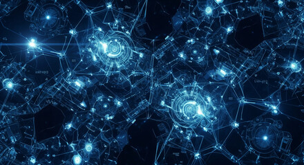 Abstract glowing blue neural network connections and synapses firing with bright lights representing data flow and complex information processing in a digital universe