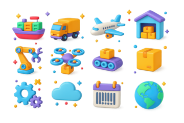 Supply Chain Icons. Supply chain innovations. 3D icons set of supply chain innovations: cargo ship, truck, airplane, warehouse, robot arm, drone, conveyor