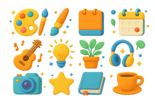 Creative Icons Set. Creative practice. 3D icons set of creative practice: paint palette, brush, notebook, pen, guitar, light bulb, plant pot, calendar, camera,