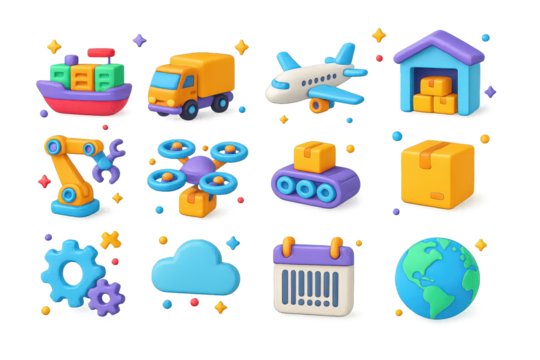 Supply Chain Icons. Supply chain innovations. 3D icons set of supply chain innovations: cargo ship, truck, airplane, warehouse, robot arm, drone, conveyor