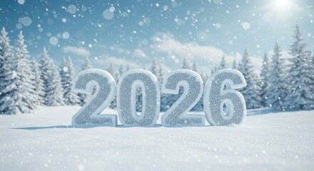 Sparkling 2026 New Year in Winter Wonderland with Snowfall and Forest Backdrop