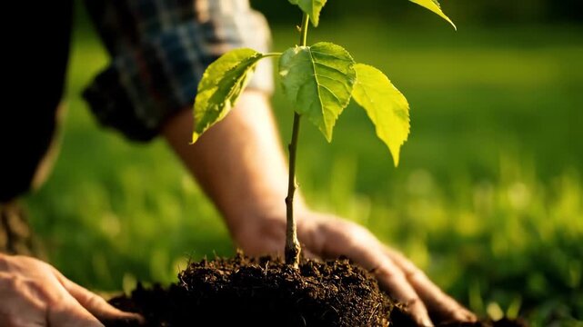 Planting a Young Sapling in the Soil - A close-up video of hands carefully planting a young sapling into the soil.