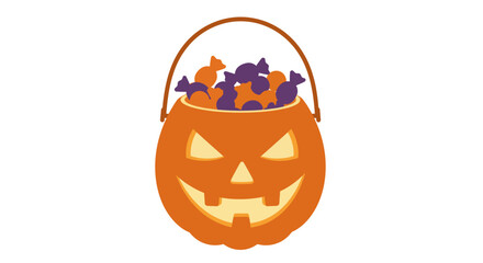 Halloween pumpkin candy bucket filled with assorted sweets and treats isolated on white for festive autumn celebrations isolated on white background