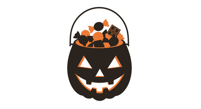 Full halloween jack o lantern bucket filled with assorted candies and treats ready for trick or treating fun isolated on white background