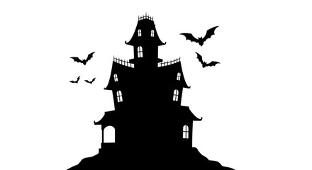 Silhouette of a spooky haunted mansion on a hilltop with flying bats perfect for halloween themed designs and decorations isolated on white background