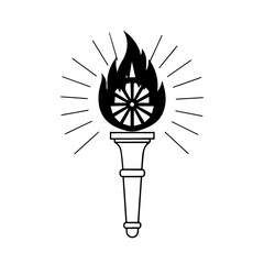 Black and White Torch with Flame and Wheel Symbol Line Art Design.