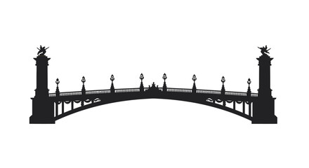 Ornate architectural bridge silhouette featuring historic lampposts and grand pillars symbolizing urban engineering and cityscape beauty isolated on white background