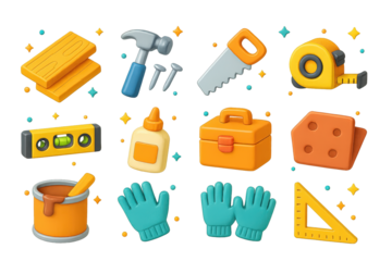 3D Floor Installation Icons. Floor installation. 3D icons set of floor installation: plank, hammer, nails, saw, tape measure, spirit level, glue, toolbox,