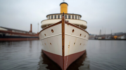 Front view of a vintage yacht floating on the water. Historic vessel design, emphasizing craftsmanship and maritime heritage. Calm seas, classic architecture.