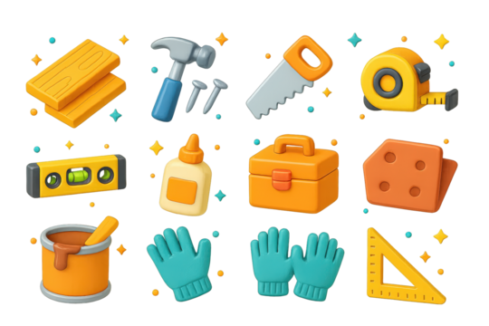 3D Floor Installation Icons. Floor installation. 3D icons set of floor installation: plank, hammer, nails, saw, tape measure, spirit level, glue, toolbox,