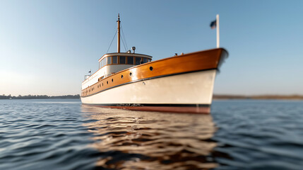 Naklejka premium Vintage Yacht on Water: Classic wooden yacht gracefully sailing on a calm, clear waterway, reflecting the serene beauty of the open water and timeless design.