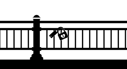 Symbolic black silhouette of a padlock attached to a metal balustrade railing representing commitment and security outdoors isolated on white background
