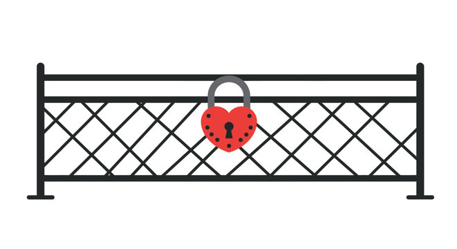 Romantic heart shaped love lock secured to decorative metal fence symbolizing eternal commitment and lasting affection outdoors isolated on white background
