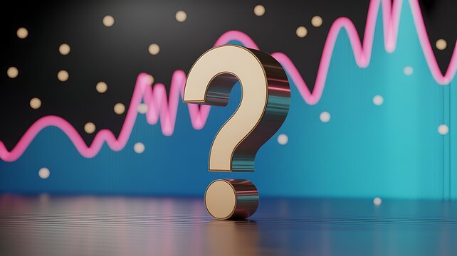 Gold question mark in front of financial graph representing uncertainty and data analysis on dark blue background - Powered by Adobe