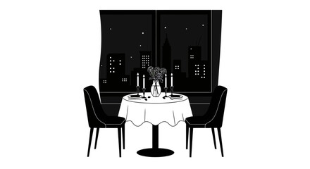 Romantic dining setup two chairs tablecloth candles place settings elegant evening restaurant ambiance sophisticated table for two intimate dinner date setting isolated on white background