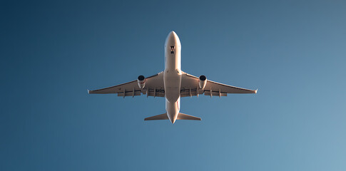 Obraz premium Airplane soars in a clear blue sky, its engines and wings distinct against the bright, cloudless backdrop. A sense of flight and freedom.
