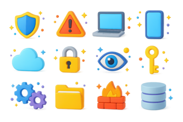 3D Cyber Icons. Cyber awareness. 3D icons set of cyber awareness: shield, warning sign, laptop, smartphone, cloud, padlock, eye, key, firewall, gears, folder,