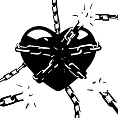 Black Heart Symbol Ensnared by Broken Chains Representing Freedom and Release.
