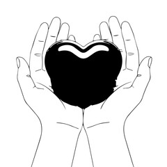 Black Heart Symbol Held Gently in Two Outlined Hands Offering Love.