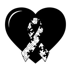 Black Heart with White Puzzle Ribbon Symbolizing Autism Awareness and Support.