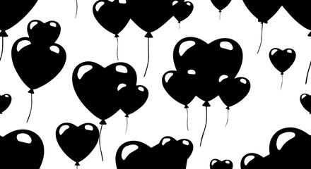 Black Heart-Shaped Balloons Floating Against a White Background, Repeating Pattern.