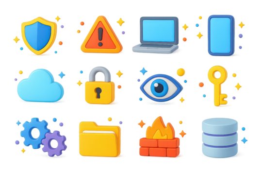 3D Cyber Icons. Cyber awareness. 3D icons set of cyber awareness: shield, warning sign, laptop, smartphone, cloud, padlock, eye, key, firewall, gears, folder, - Powered by Adobe