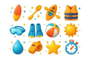 Bright Water Sports Icons. Water sports. 3D icons set of water sports: surfboard, paddle, kayak, life vest, goggles, flippers, beach ball, sun, water droplet,