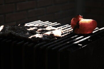 Meat and peppers, grilling