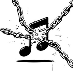 Black Musical Note Symbol Shattering Enchained by Metal Chains Artistic Concept.