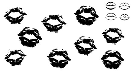 Black Lipstick Kiss Marks, Various Sizes, Textured Lip Prints on White Background.