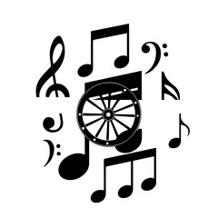 Black Musical Notes and Wheel Symbolizing Music and Sound Composition.