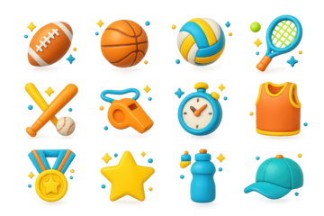 Team Sports Icons. Team sports. 3D icons set of team sports: football, basketball, volleyball, tennis racket, baseball bat, whistle, stopwatch, jersey, medal,