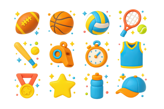 Team Sports Icons. Team sports. 3D icons set of team sports: football, basketball, volleyball, tennis racket, baseball bat, whistle, stopwatch, jersey, medal,