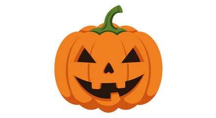 Joyful orange jack o lantern halloween pumpkin with carved spooky face and green stem isolated isolated on white background