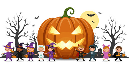 Whimsical halloween scene featuring a giant jack-o'-lantern surrounded by adorable costumed children and spooky trees isolated on white background