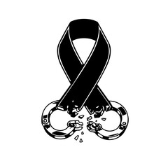 Black Ribbon Symbol with Broken Handcuffs Representing Freedom and Justice.