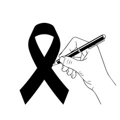 Black Ribbon Symbolizing Grief and Mourning Alongside Hand Holding Pen.