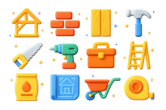 Construction Icons Display. House construction. 3D icons set of house construction: house frame, bricks, wooden planks, hammer, saw, drill, toolbox, ladder,