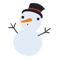 Snowman in top hat, with carrot nose isolated on transparent. Hand drawn flat vector illustration. Cute cartoon character. Traditional Christmas, New Year, seasonal design element, holiday clip art