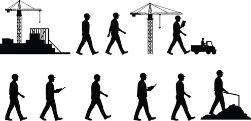 Construction workers silhouettes with cranes, vehicles, supervision, teamwork collaboration, safety helmet labor, engineering project, industrial development, building site, structural foundation work