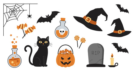 Spooky halloween icons collection featuring black cat witch hats bats spiderweb potion bottles tombstone candy and candle for festive celebrations vector