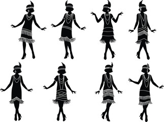 Flapper women silhouettes, 1920s fashion, roaring twenties dancers, vintage style illustration, jazz age culture, elegant dresses, pearls, feathers, retro vector art