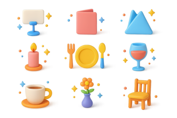 Table Setting Icons. Table number stand. 3D icons set of table number stand: table stand with card, menu card, folded napkin, candle, plate, fork, knife,